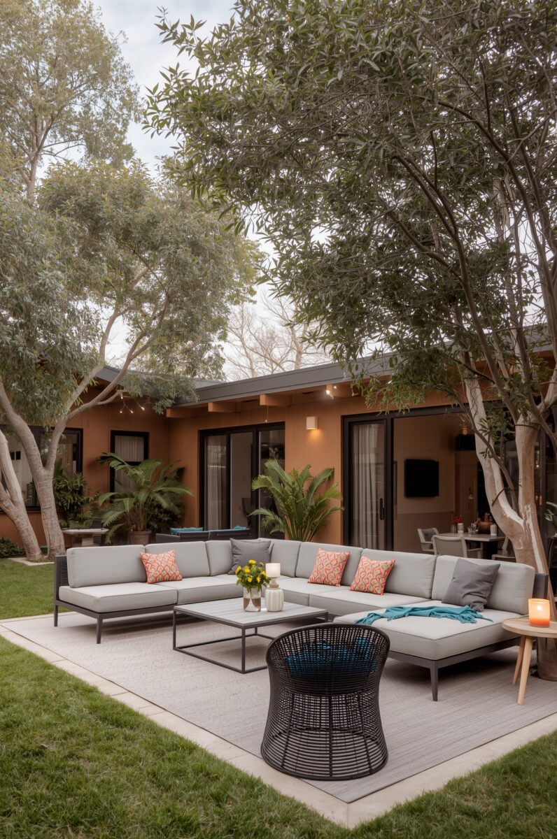 Modern outdoor patio with gray sectional sofa, coral accent pillows, coffee table, and wicker chair surrounded by trees