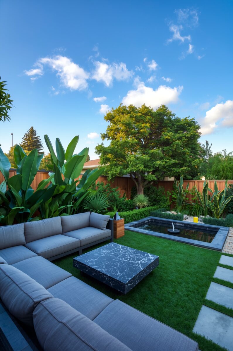 Modern backyard with sectional sofa, marble coffee table, water feature, lush tropical plants, and manicured lawn