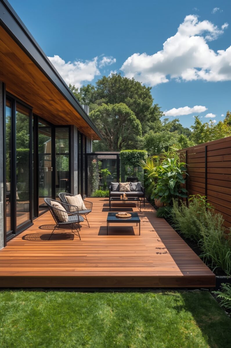 Modern wooden deck with outdoor seating, large glass walls, wood-clad roof, and lush garden border under blue sky