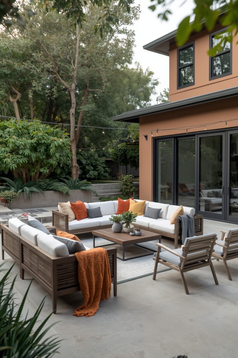 Modern outdoor patio with wooden sectional sofa, white cushions, colorful pillows, coffee table, and lush garden backdrop