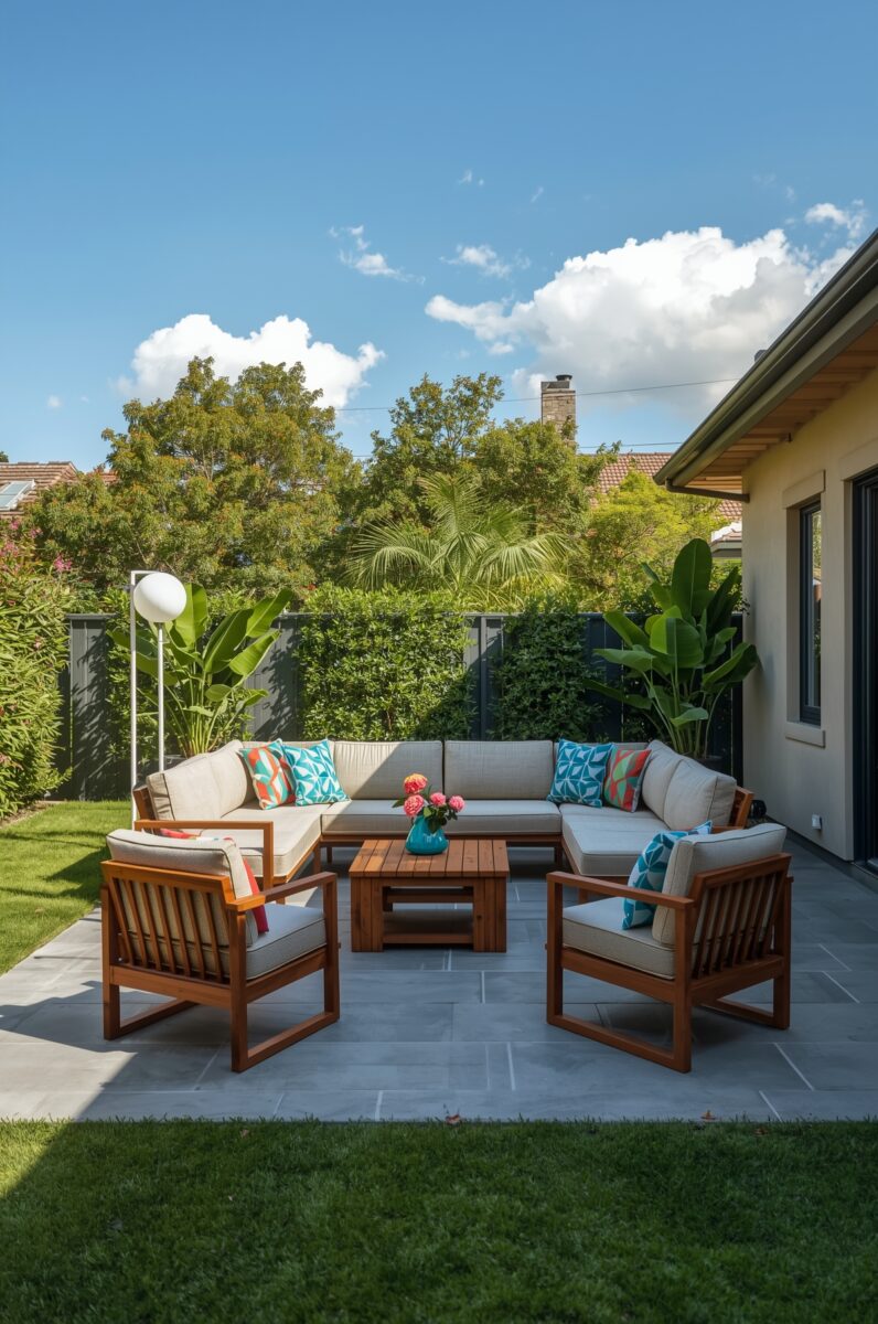 Modern backyard patio with wooden sectional sofa, two armchairs, coffee table, colorful cushions, and tropical plants