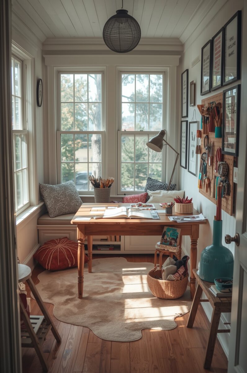 Cozy sunlit home office craft room with wooden desk, window seat, pegboard organizer, and gallery wall