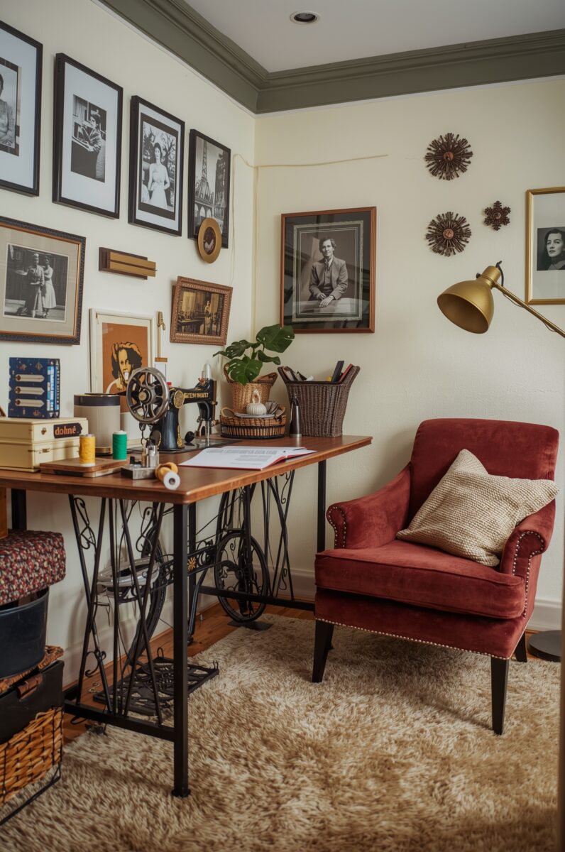 Vintage sewing room corner with red velvet armchair, antique treadle sewing machine, and black-and-white photo gallery wall