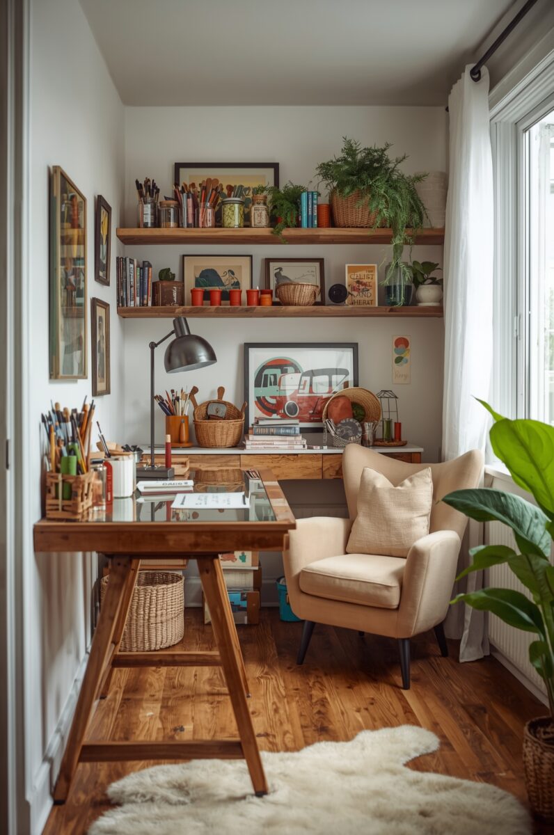 Cozy home art studio with wooden desks, floating shelves, art supplies, plants, and a beige armchair by a window