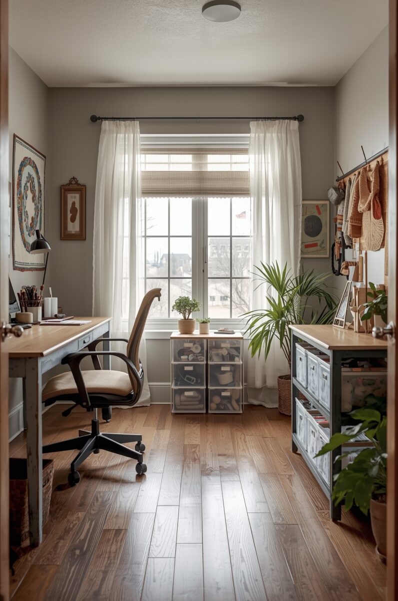 Cozy home office and craft room with wooden desks, ergonomic chair, large window, plants, and organized storage
