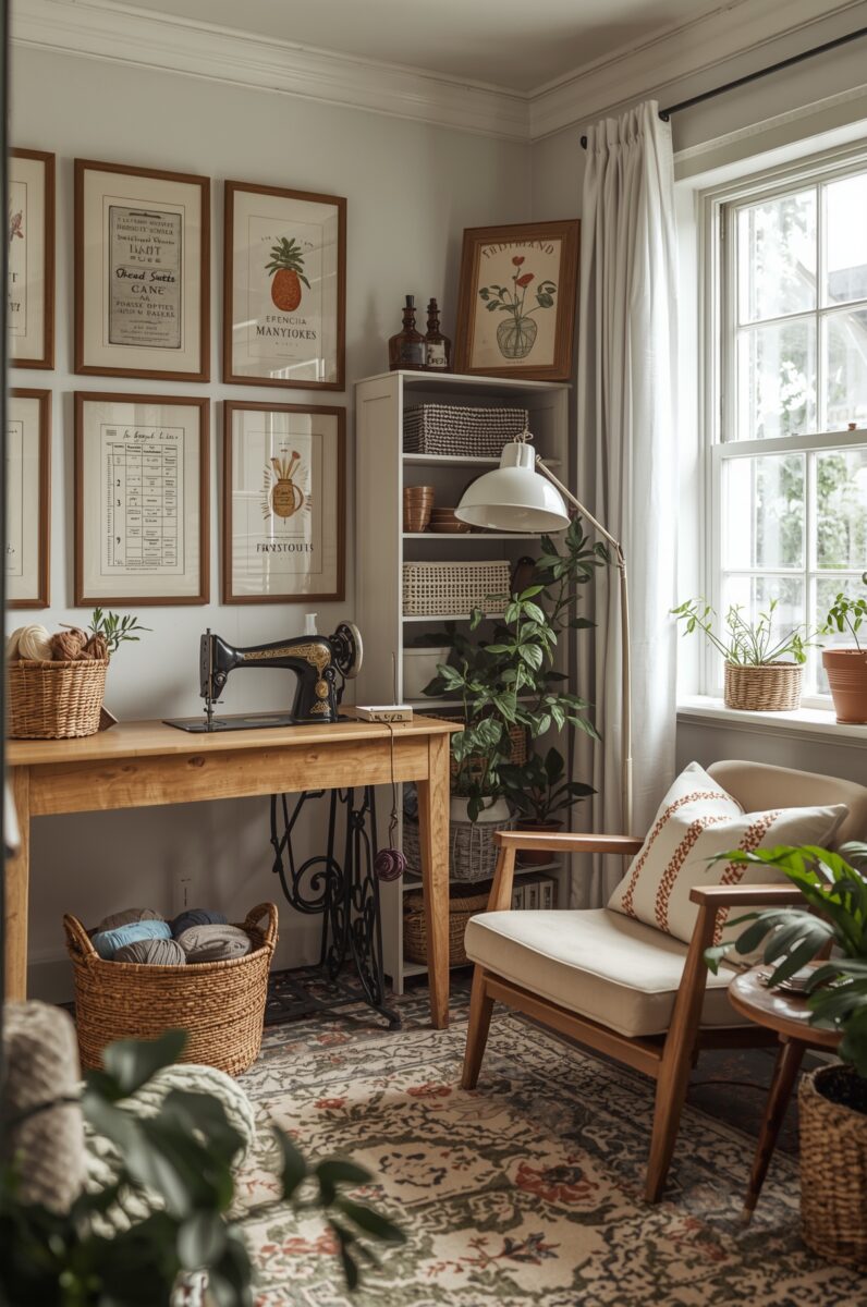 Cozy vintage sewing room with treadle sewing machine, wicker baskets of yarn, framed art prints, and houseplants
