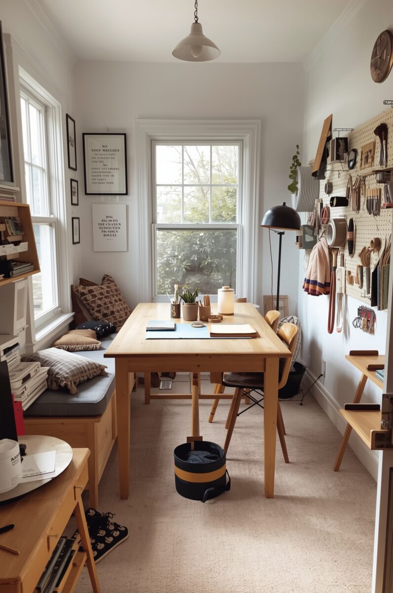 Cozy home craft studio with wooden table, pegboard tool wall, window bench seating, and natural light