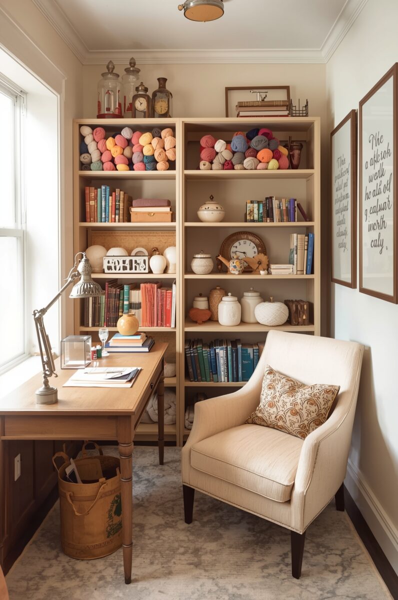 Cozy home office and craft room with yarn-filled bookshelves, wooden desk, vintage lamp, and cream armchair