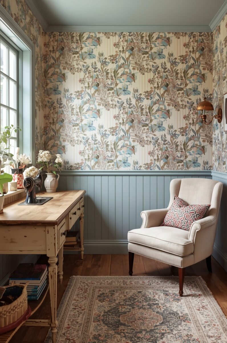 Cozy cottage-style home office with floral wallpaper, beadboard wainscoting, wingback chair, and rustic wooden desk