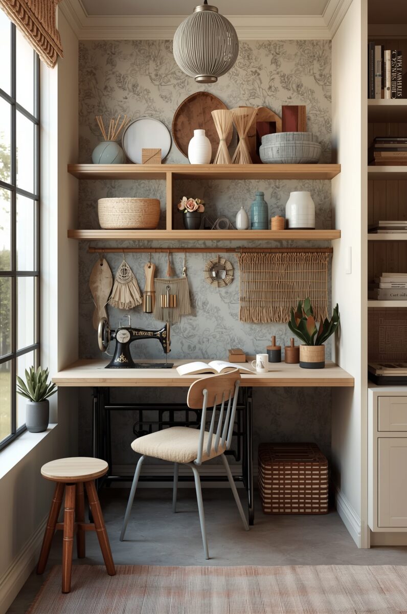 Cozy craft corner with vintage sewing machine, floating wood shelves, macrame decor, vases, and natural woven baskets