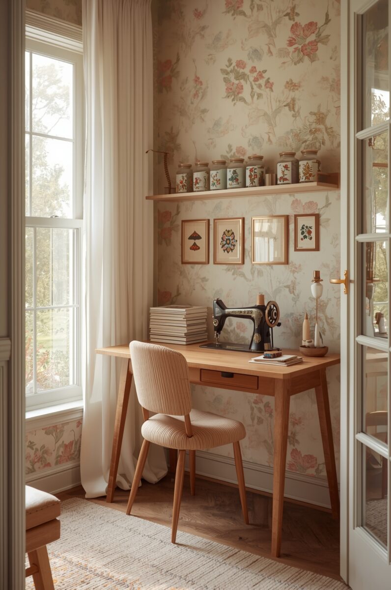 Cozy vintage sewing nook with antique black sewing machine on wooden desk, floral wallpaper, shelf with decorative jars