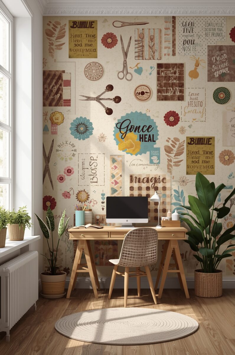 Creative home office with collage wallpaper mural featuring scissors, flowers, and typography, wooden desk with monitor and plants