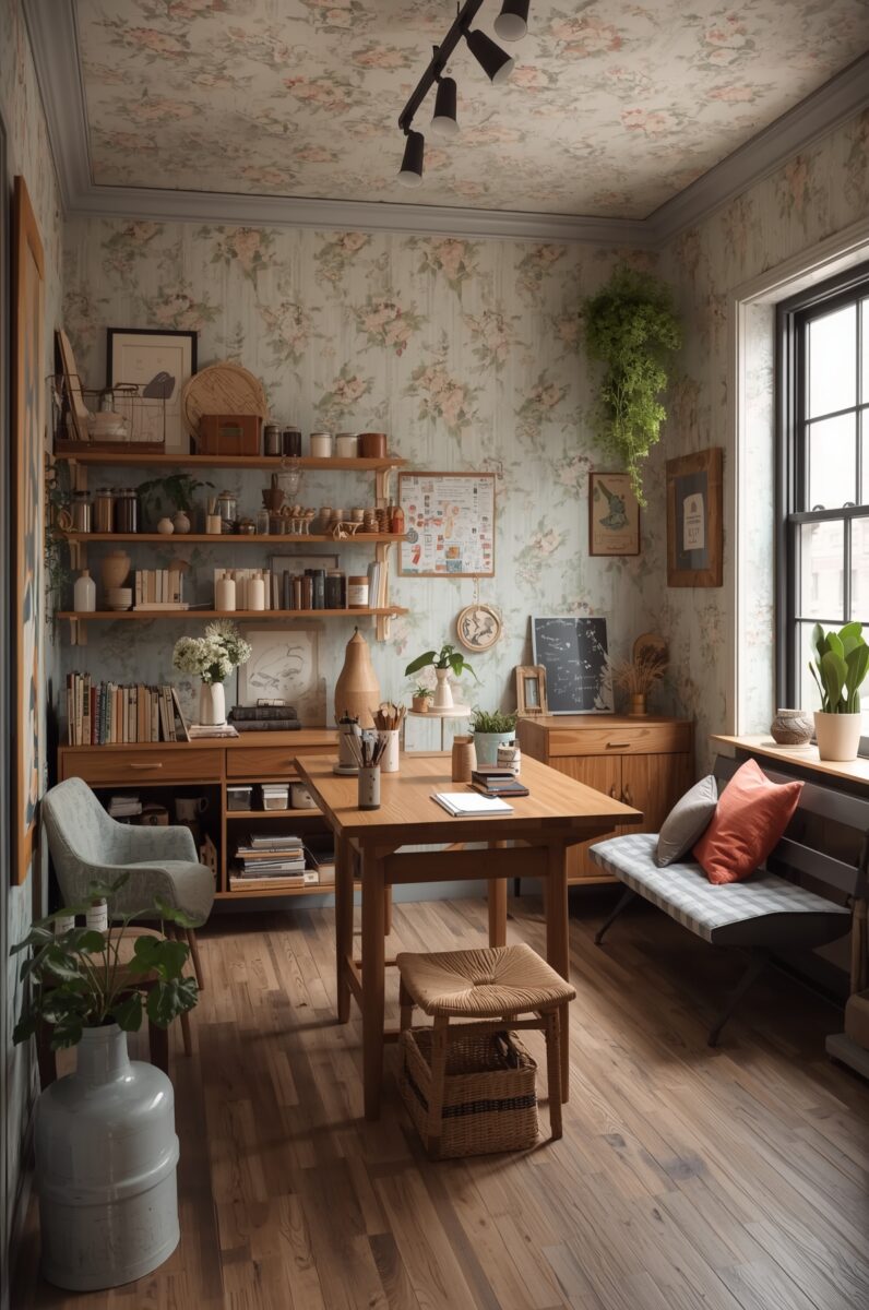 Cozy home studio with floral wallpaper, wooden desk, bookshelves, plants, and natural window light