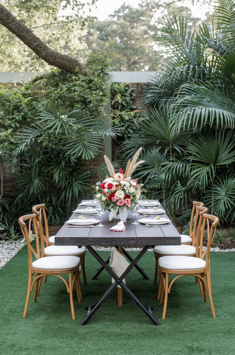 Elegant outdoor dining table with floral centerpiece surrounded by tropical palms and lush greenery