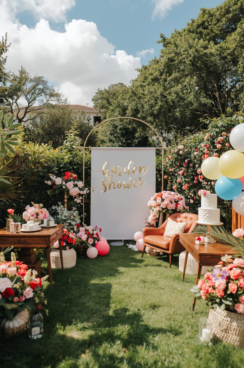 Elegant outdoor garden shower setup with gold arch, floral arrangements, balloons, white tiered cake, and vintage wood furniture
