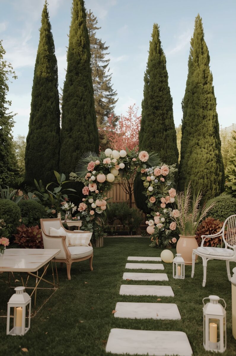 Elegant outdoor garden event setup with floral arch, stepping stones, white lanterns, and French-style chairs surrounded by cypress trees