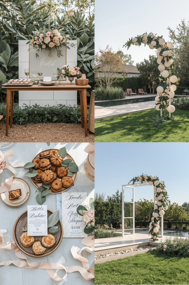 Elegant outdoor wedding decor collage featuring floral arch, dessert table, mini bundt cakes, and balloon arch by pool