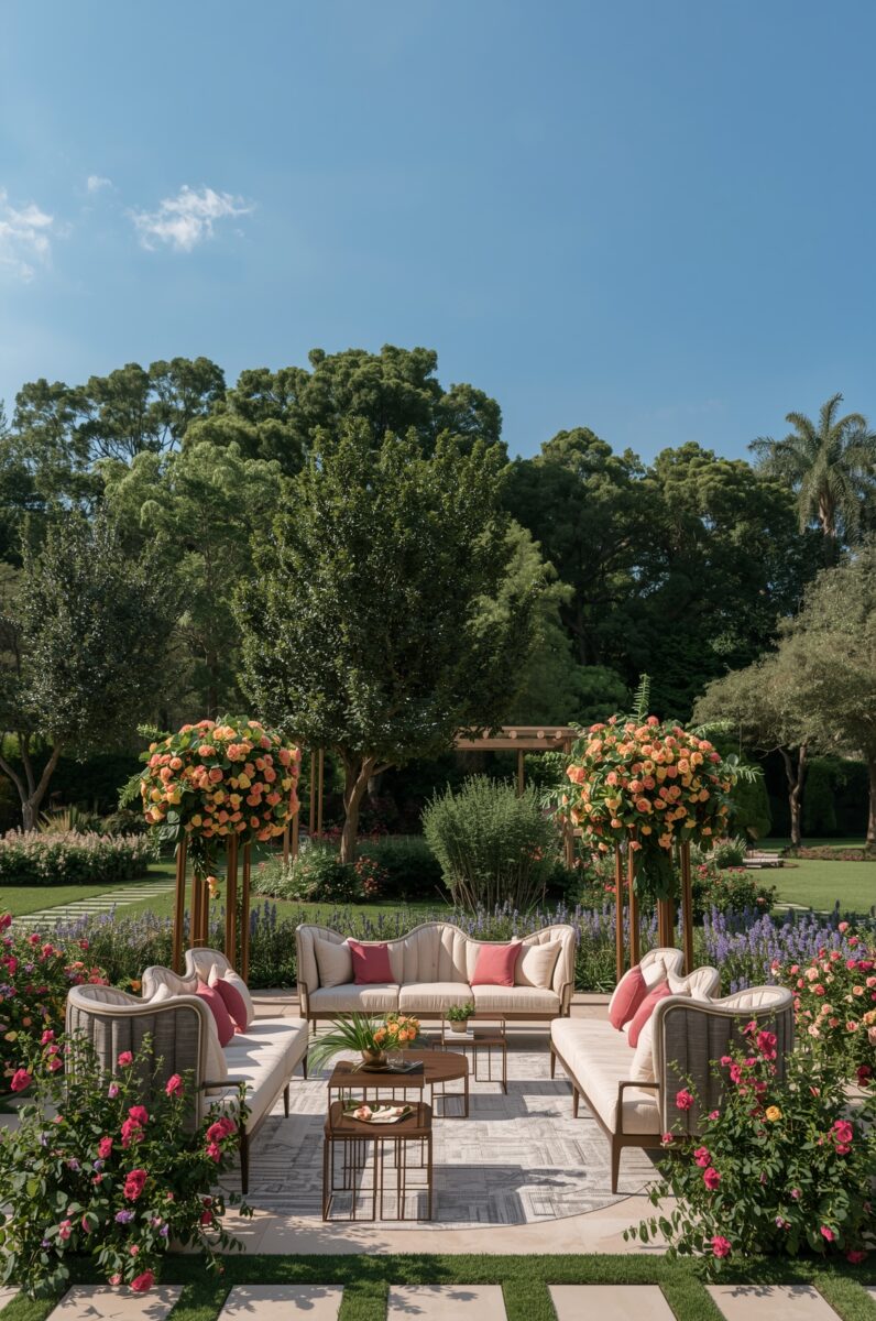 Elegant outdoor garden lounge with cream sofas, pink cushions, tall floral arrangements, and lush blooming rose garden