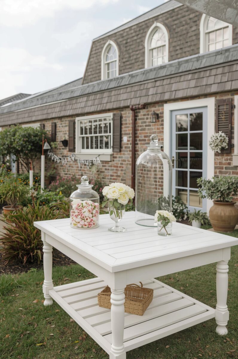 White painted garden table with glass cloches, pink and white roses, set in front of a brick Colonial-style house