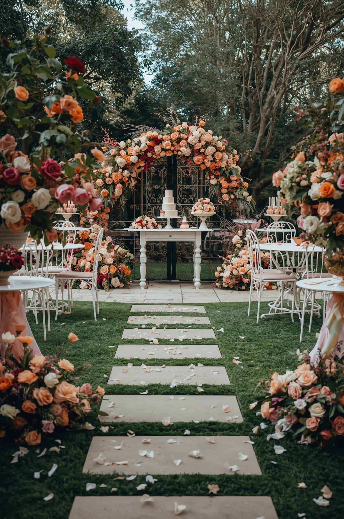 Elegant outdoor garden wedding setup with floral arch, stepping stone aisle, white chairs, and tiered cake table