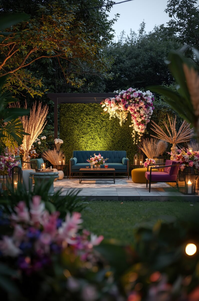Elegant outdoor garden lounge with floral arch, teal sofa, colorful flowers, candles, and green hedge wall at dusk