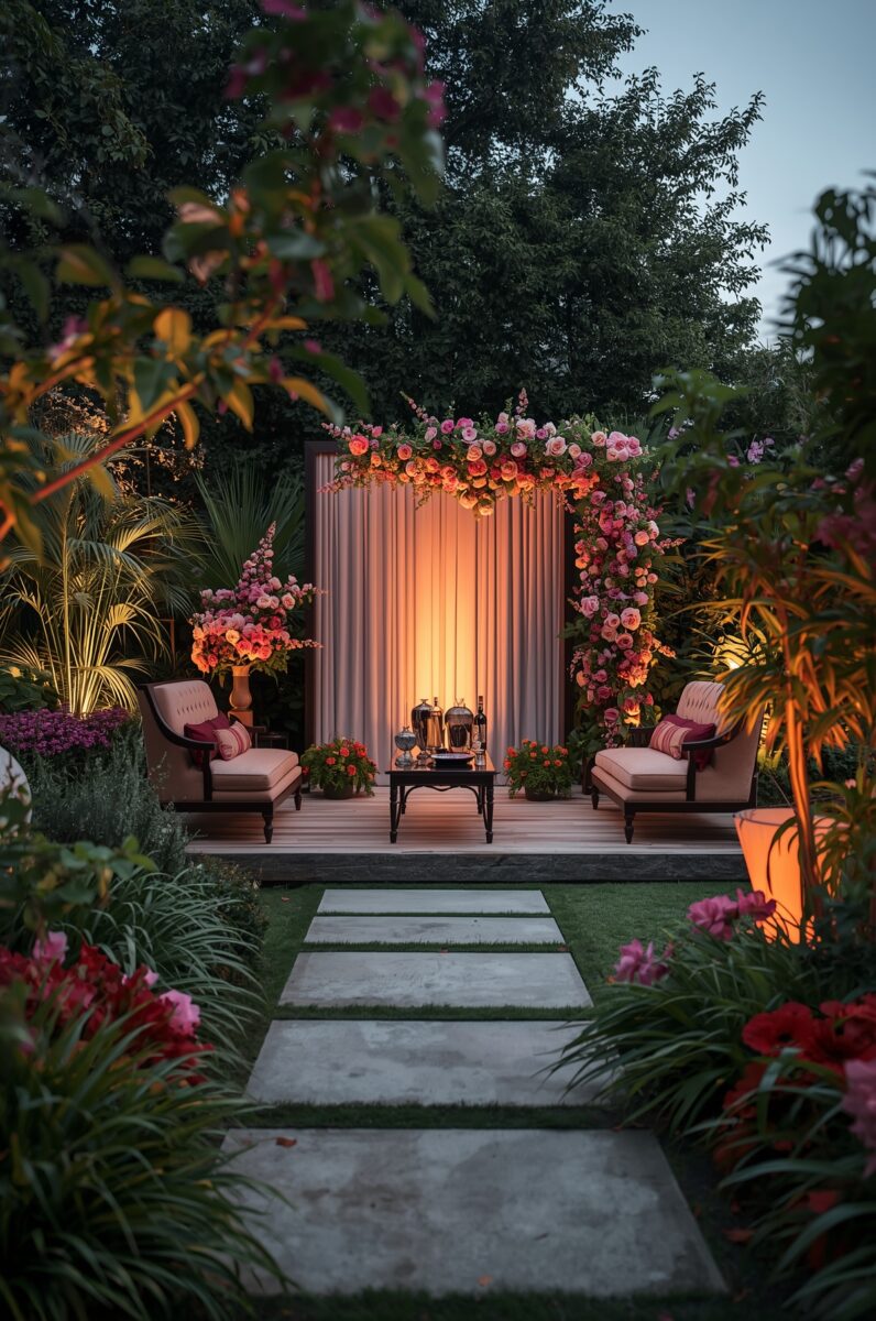 Elegant garden seating area at dusk with floral arch, two armchairs, and glowing curtain backdrop surrounded by lush greenery