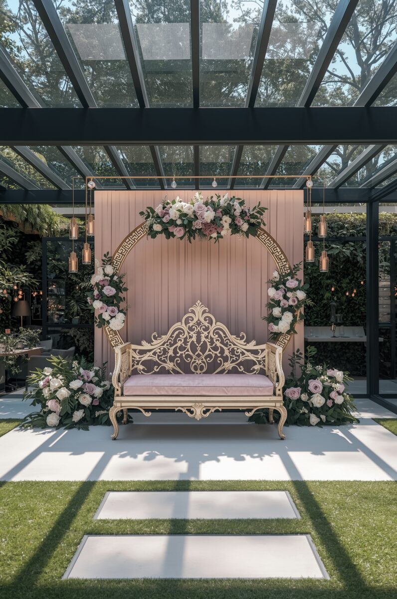 Elegant wedding photo booth with ornate cream gold bench, floral arch, blush pink backdrop under glass roof
