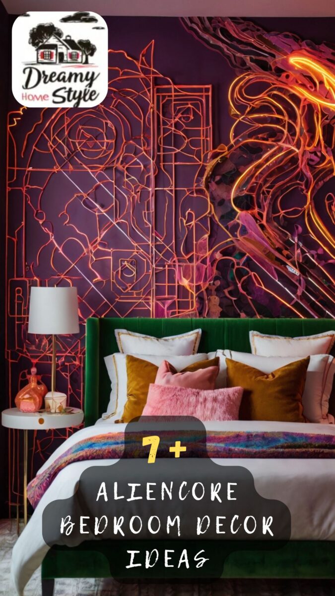 Aliencore bedroom with neon orange glowing wall art, green velvet headboard, and colorful pillows on white bedding