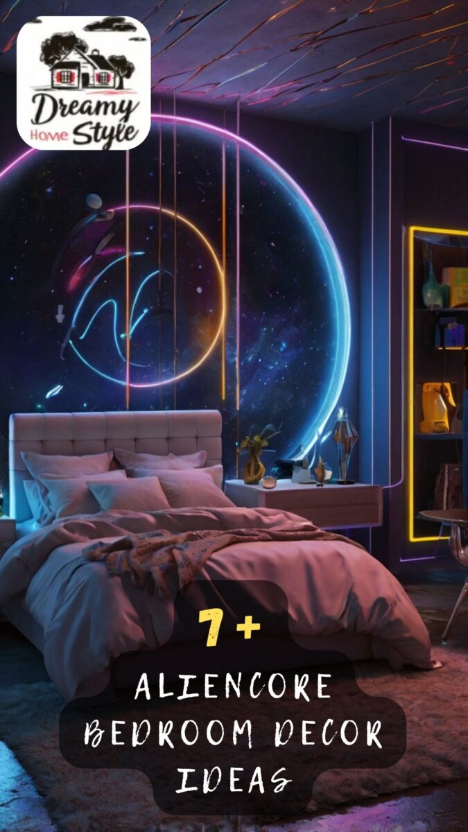 Aliencore bedroom with glowing neon planet mural, purple lighting, tufted headboard bed, and yellow neon-framed mirror