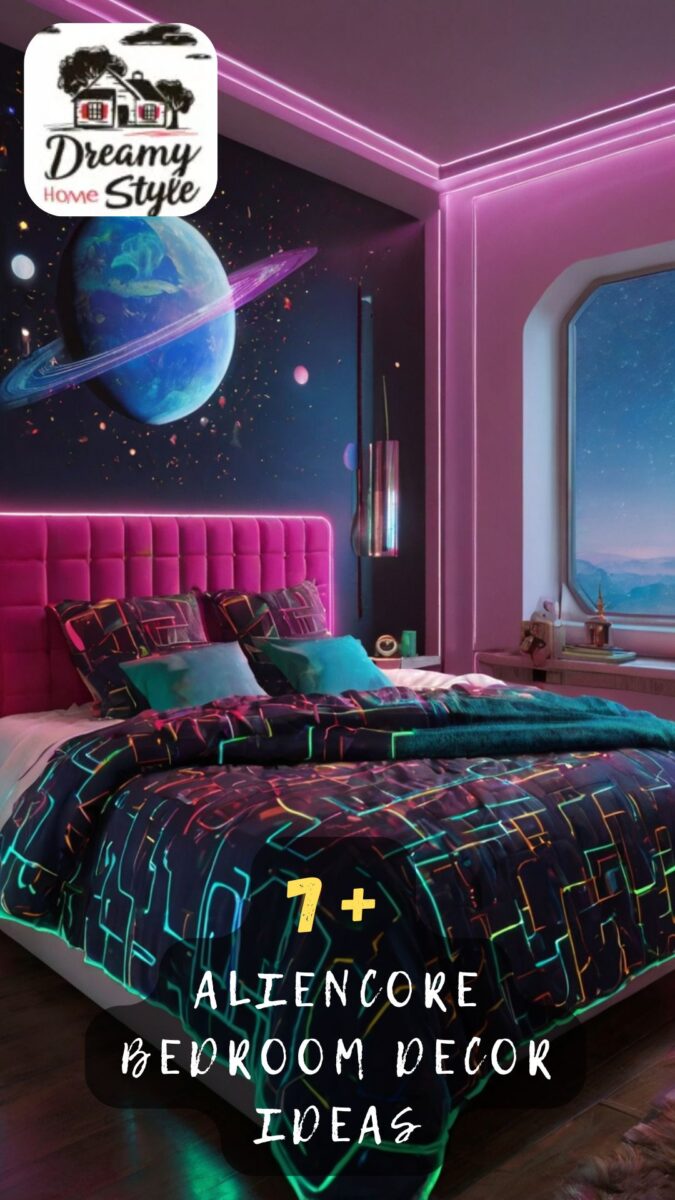 Aliencore bedroom with pink neon lights, space planet mural, and neon circuit-patterned dark bedding