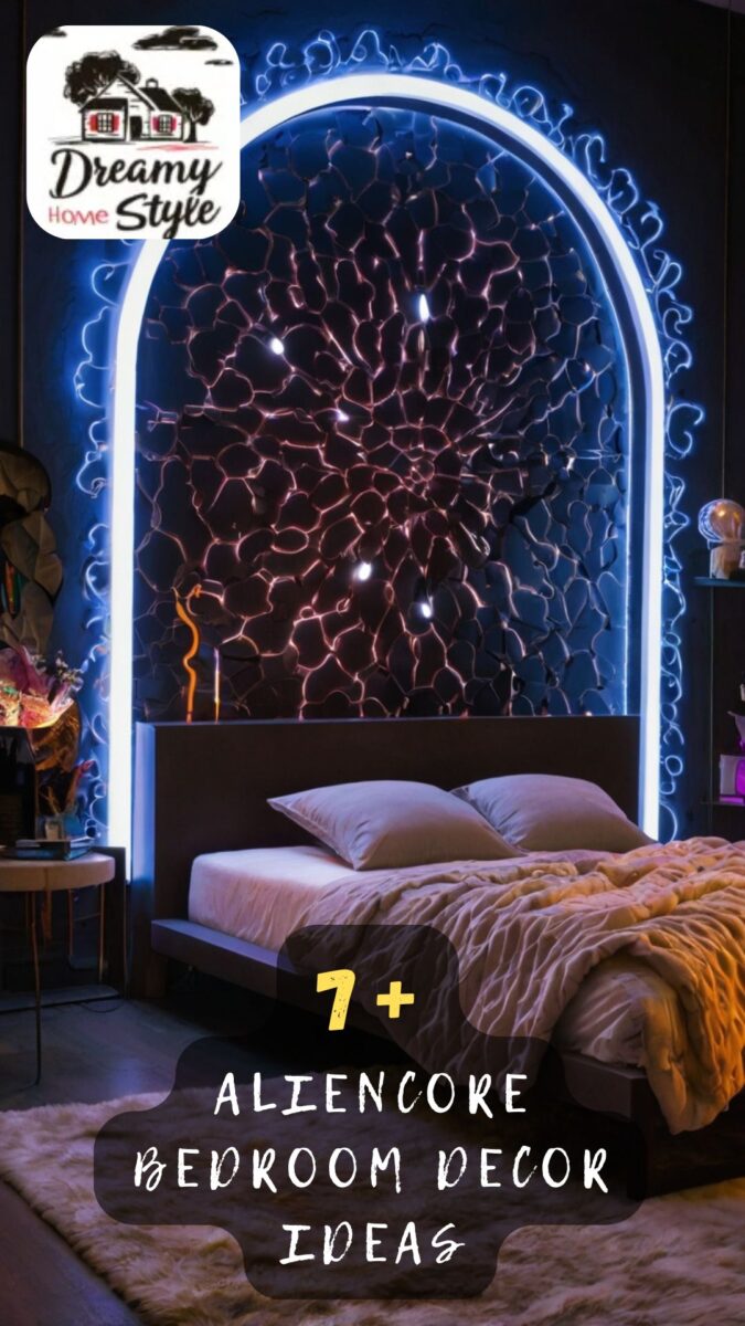 Aliencore bedroom with glowing blue neon arch headboard, dark textured accent wall, and cozy bed with cream bedding