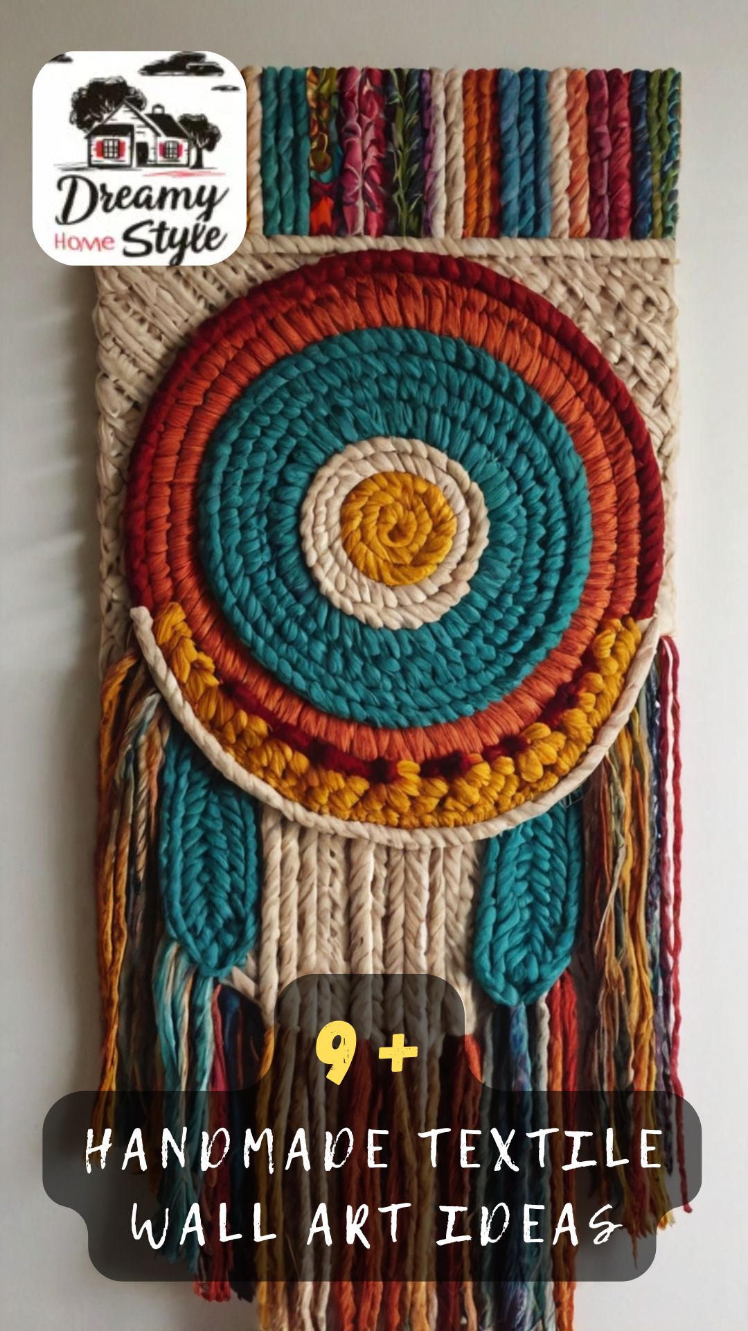 Colorful handmade textile wall art with spiral coiled rope dream catcher design in teal, red, yellow, and cream with fringe