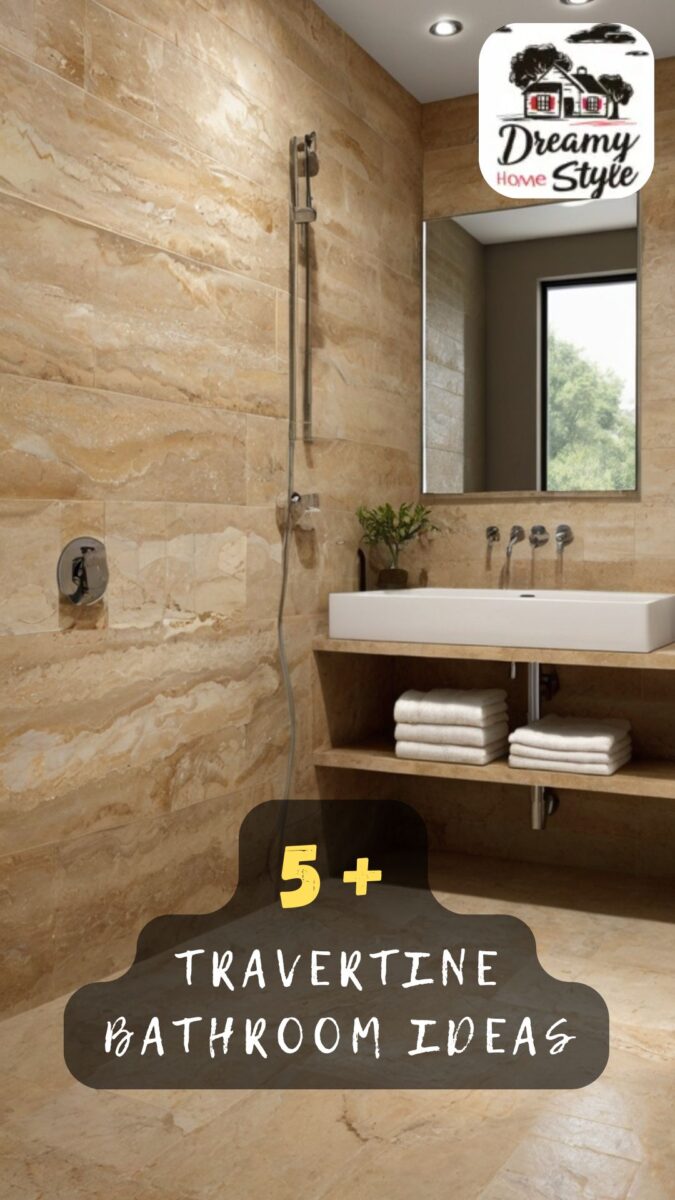 Modern travertine bathroom with beige stone wall tiles, vessel sink on wood vanity, and open shower area