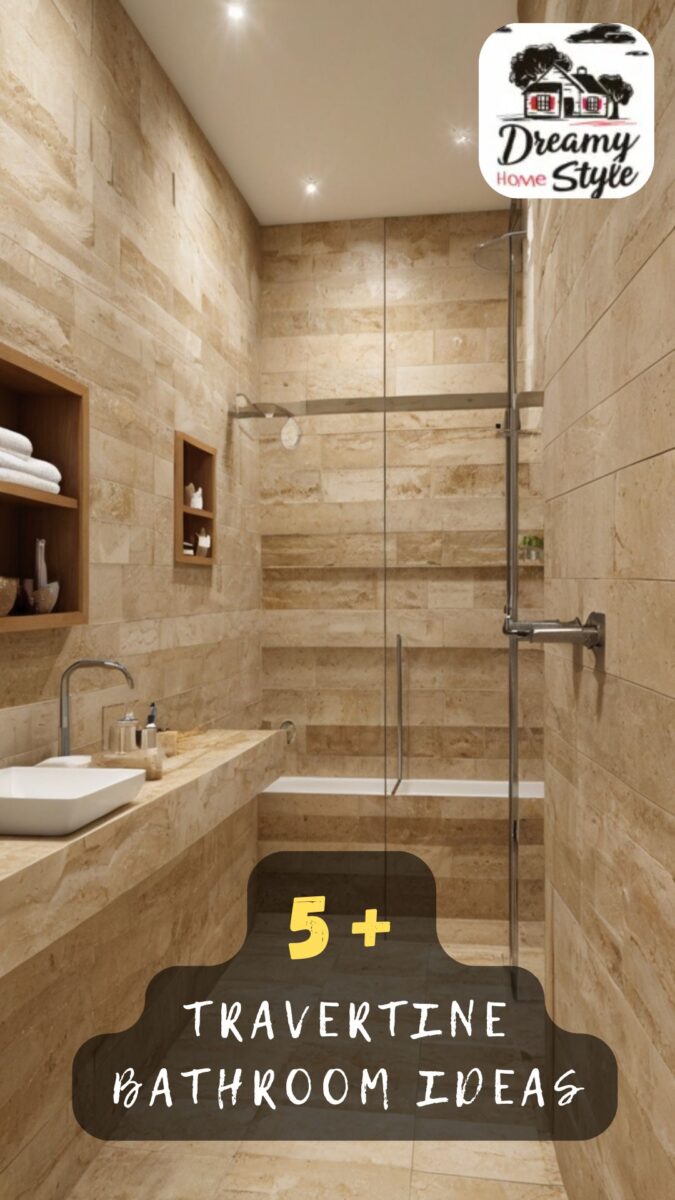 Luxury travertine bathroom with beige stone tile walls, glass shower enclosure, vessel sink, and built-in wooden shelving niches