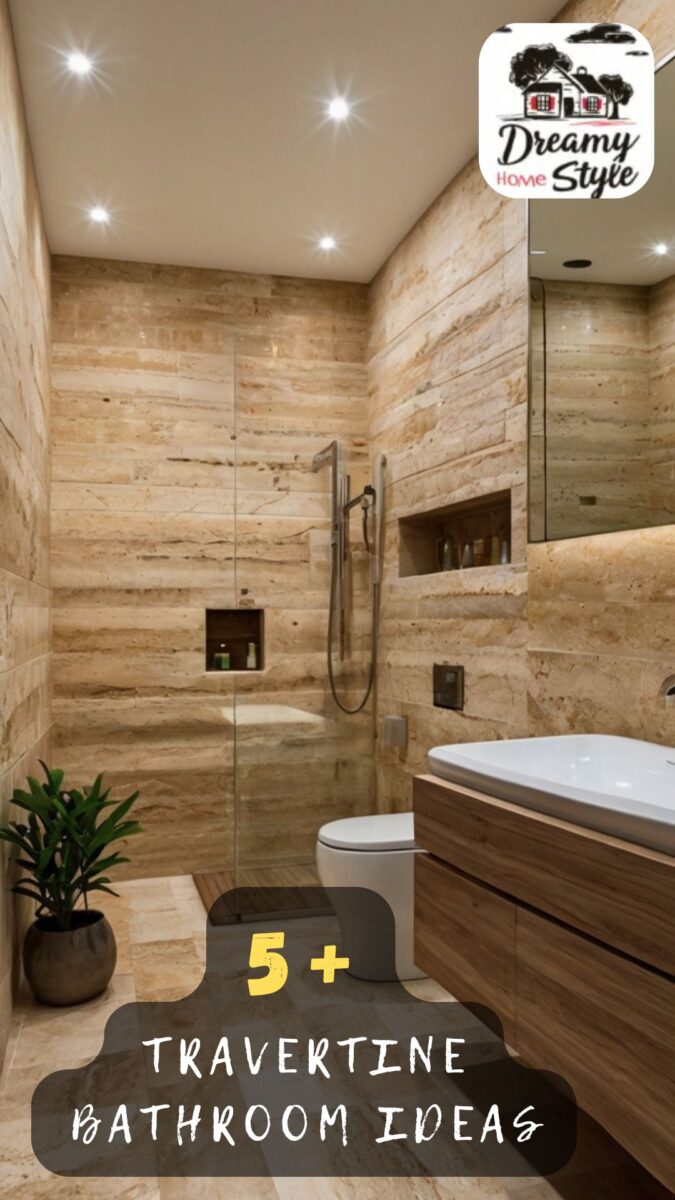 Luxury travertine bathroom with beige stone walls, glass shower, wooden vanity, white sink, and recessed lighting
