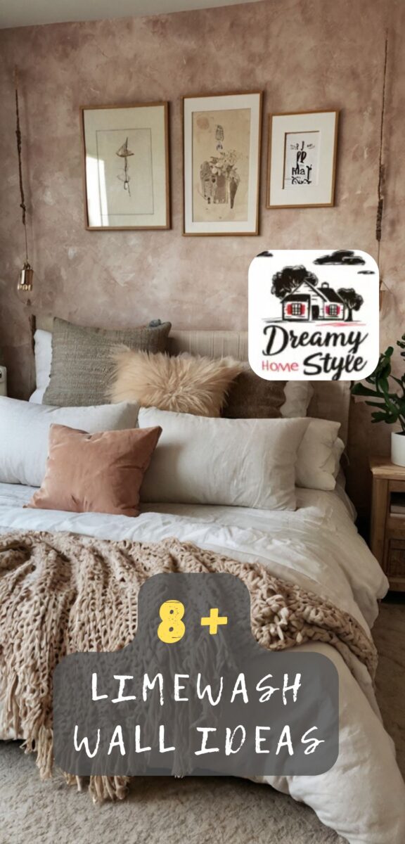 Cozy bedroom with dusty rose limewash accent wall, gallery art frames, mixed pillows, and chunky knit throw blanket