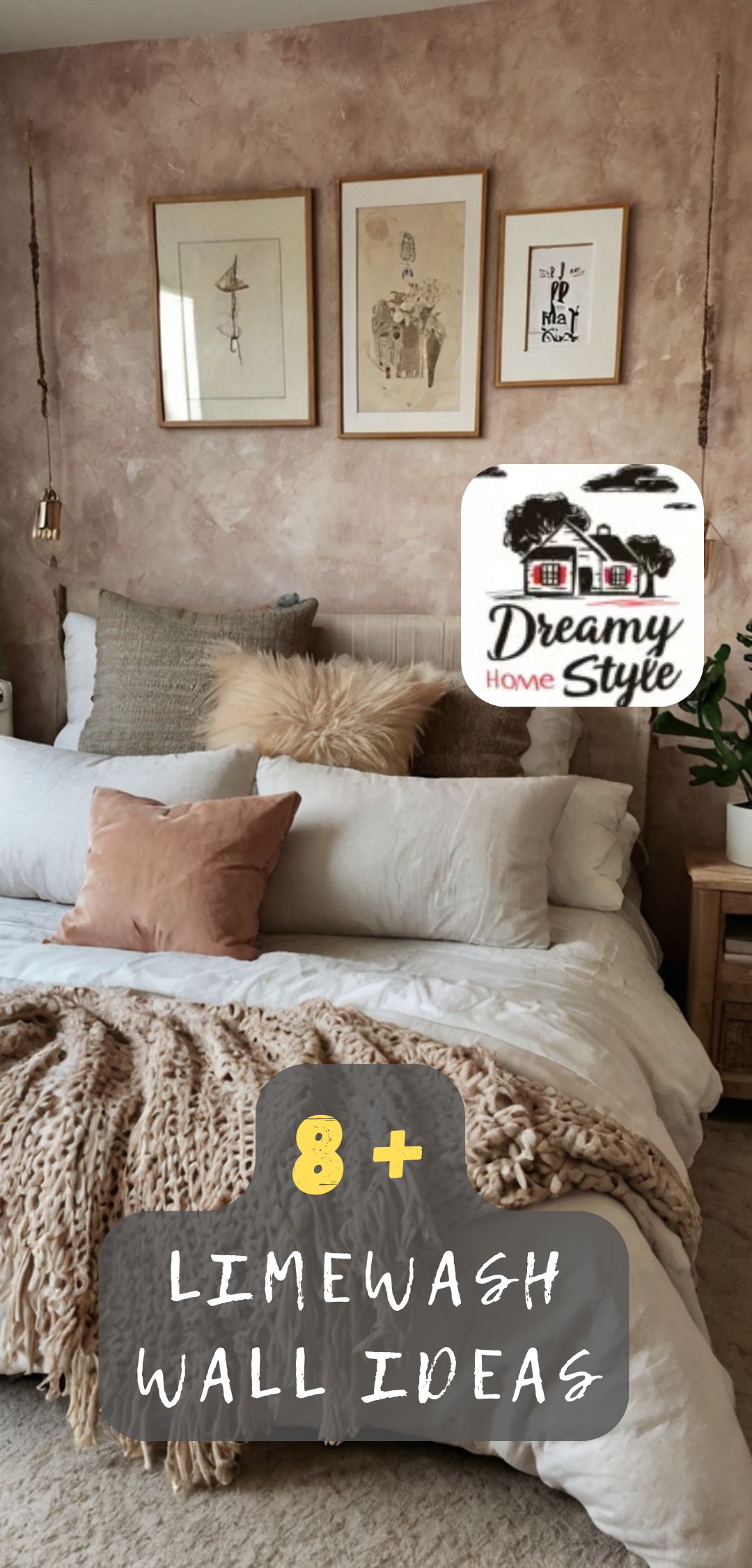 Cozy bedroom with dusty rose limewash accent wall, gallery art frames, mixed pillows, and chunky knit throw blanket