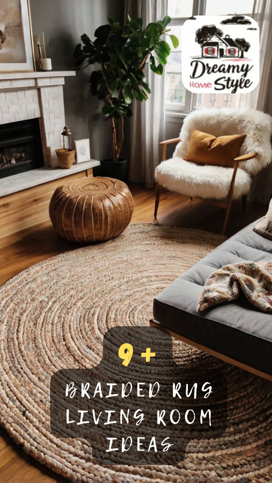 Cozy living room with large round braided jute rug, leather pouf ottoman, faux fur chair, and fireplace