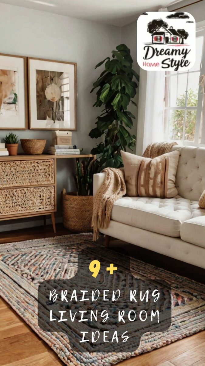 Boho living room with multicolor braided rug, cream tufted sofa, rattan dresser, and large indoor plant