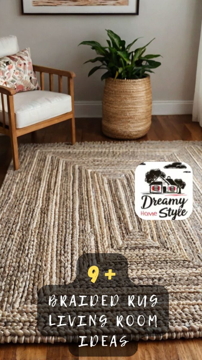 Natural braided jute rug in living room with wooden chair, white cushion, and large plant in woven basket