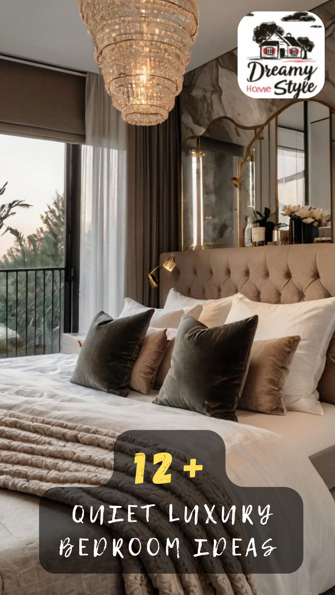 Quiet luxury bedroom with tufted beige headboard, velvet pillows, crystal chandelier, and gold accents