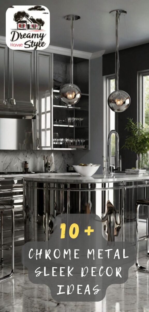 Modern kitchen with chrome island, globe pendant lights, gray cabinets, and marble countertops showcasing sleek metal decor