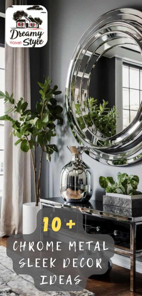 Chrome metal decor with round layered silver mirror, mirrored console table, metallic vase, and green plants on gray wall