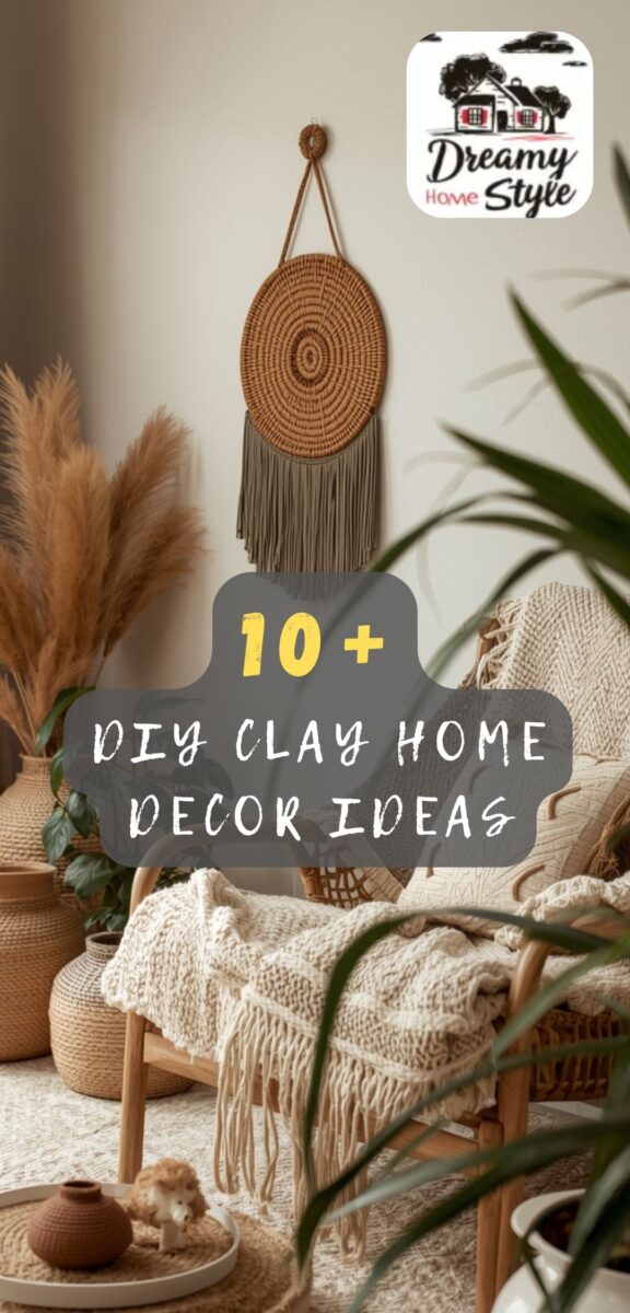 Boho living room with woven wall hanging, pampas grass, rattan chair, knit throw, and clay vase decor
