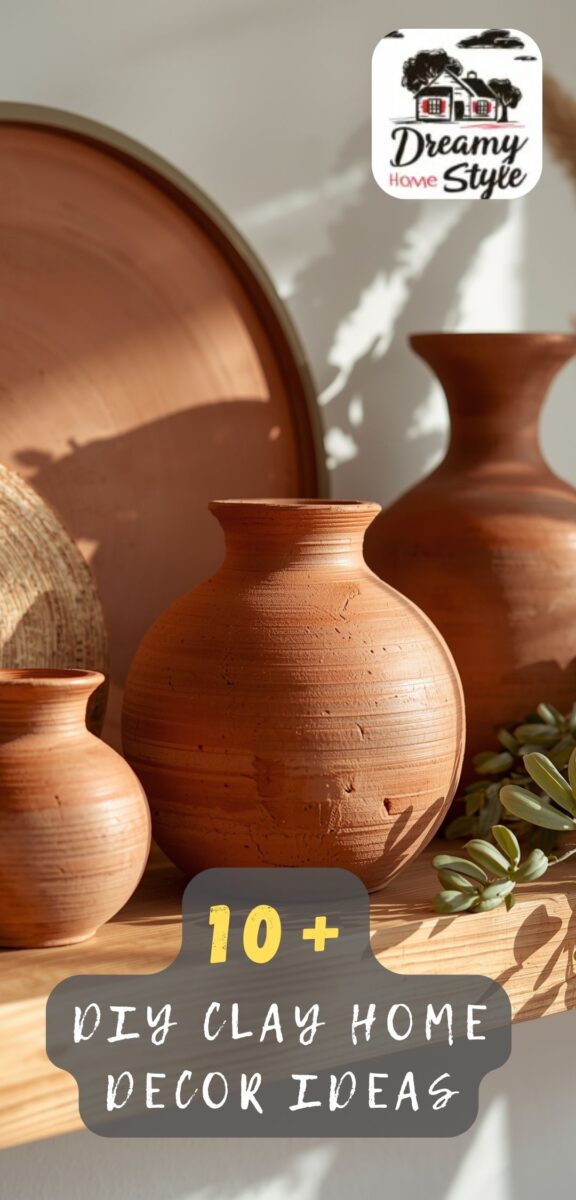 Collection of handmade terracotta clay vases and plate arranged on wooden surface with green foliage accents