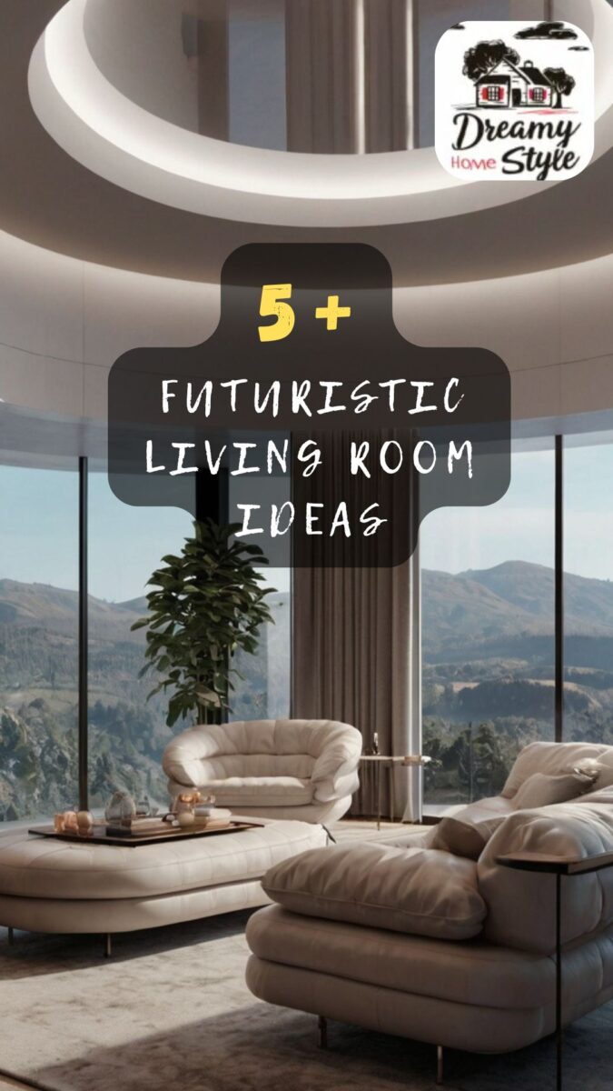 Futuristic living room with curved white sofas, circular LED ceiling, and floor-to-ceiling mountain view windows