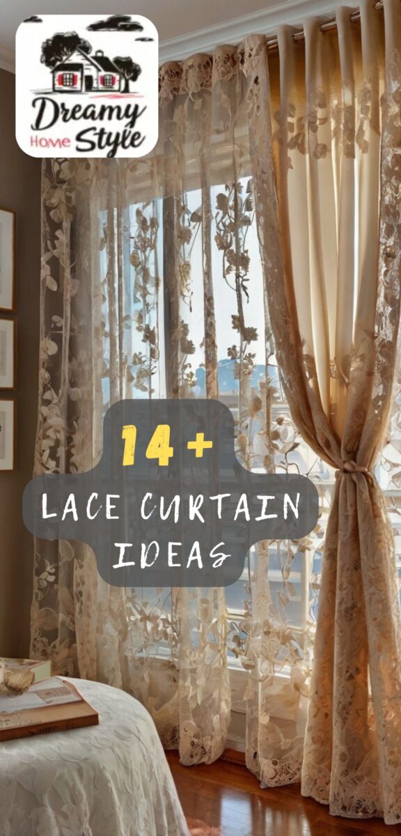Elegant cream lace curtains with floral pattern layered over beige drapes, tied back in a sunlit bedroom