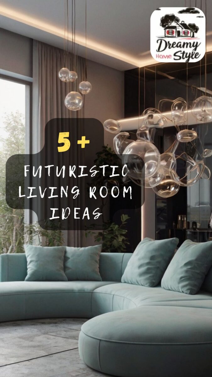 Futuristic living room with teal curved sectional sofa and cluster of glass bubble pendant lights