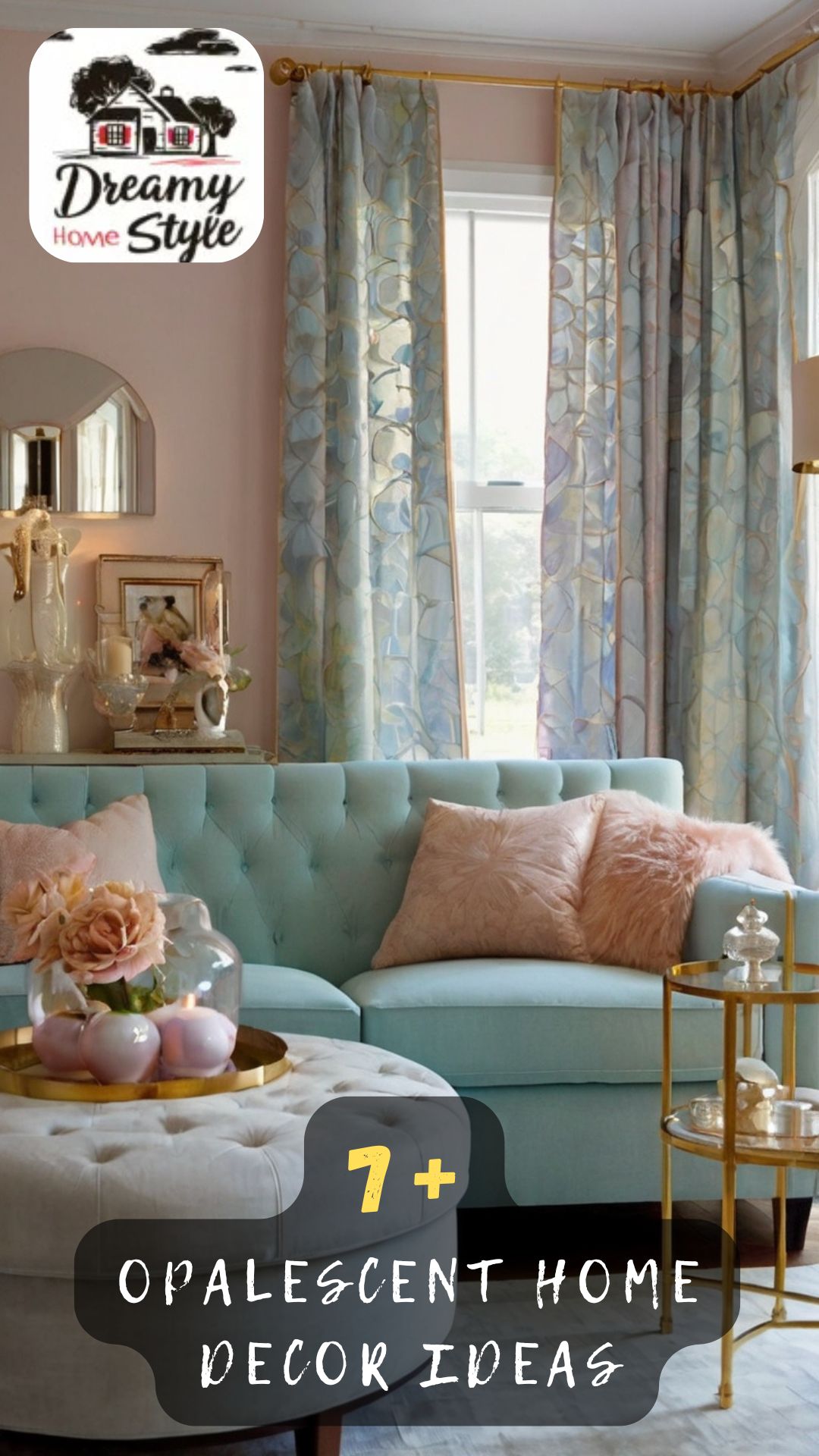 Opalescent living room with mint tufted sofa, iridescent curtains, blush pink pillows, and gold accents