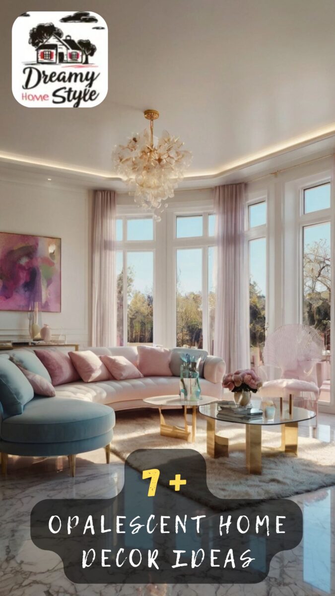 Luxurious opalescent living room with pastel pink sofa, teal chaise, gold coffee tables, and floral chandelier
